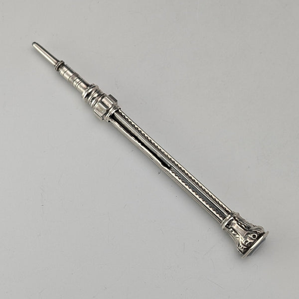 Circa 1910 Antique Silver Push-Pull Pencil 54-71mm White Stone